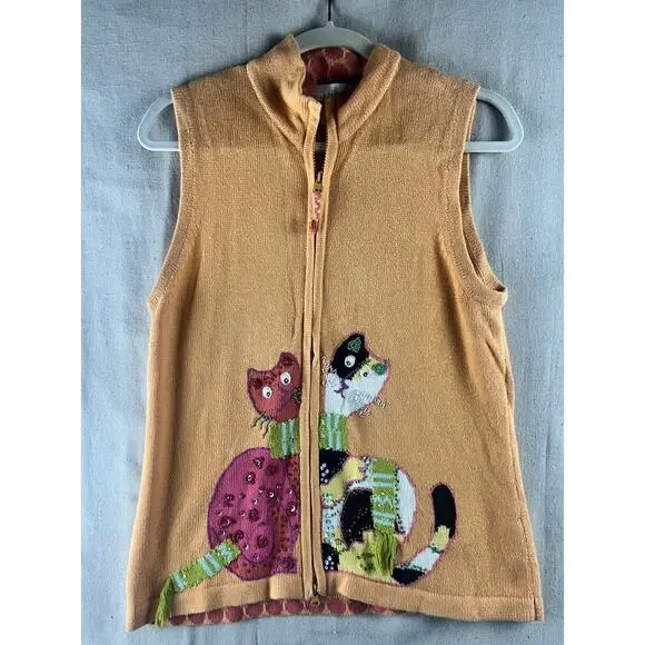 Susan Bristol Cats Sweater Vest Womens Large Orange Pink Beaded Calico Sequins - Picture 2 of 13